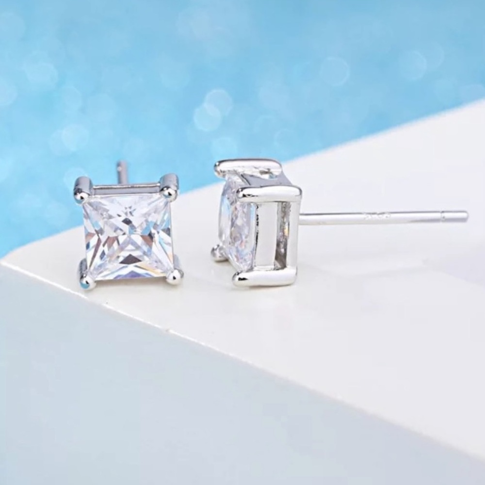 NEW 925 SILVER DIAMOND SQUARE STUD EARRINGS - Picture 5 of 7